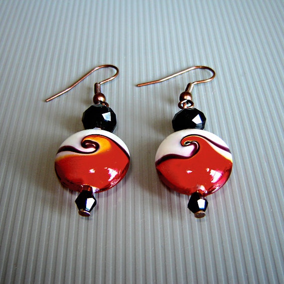 Items similar to Red and white wave glass beads earrings . on Etsy