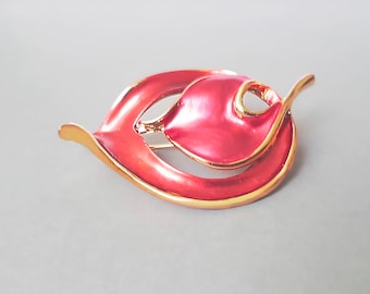 Vintage Red Satin Enamel Feather Leaf Gold Tone  Brooch, Costume Jewelry Pin