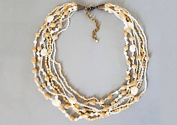 Vintage  beige color  glass beads necklace Multi-… - image 2