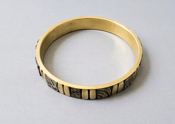 Vintage brass and carved wood  bracelet Brass met… - image 4