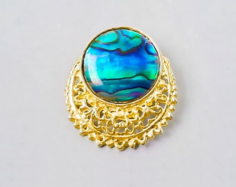 Vintage Gold Tone Metal  Filigree Abalone Shell  Brooch