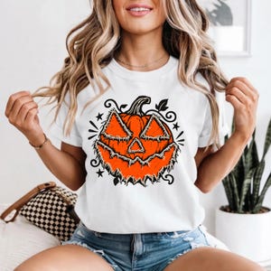 Jack O' Lantern Halloween Costume with Pumpkin Head T-Shirt, Frayed Denim Pumpkin PNG, Patchwork Halloween Design