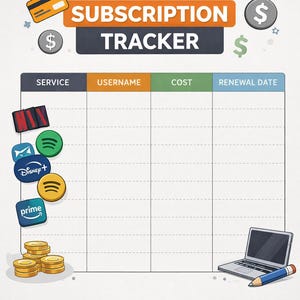 Può includere: Un tracker di abbonamento con il titolo "SUBSCRIPTION TRACKER" in arancione e nero. Il tracker include sezioni per servizio, nome utente, costo e data di rinnovo. Sono presenti icone per Netflix, Spotify, Disney+ e Amazon Prime, insieme a un laptop, una matita e monete.