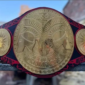 May include: A gold-colored wrestling championship belt with a black and red strap. The center plate features two helmet designs and the words "TAG TEAM CHAMPIONS". Two smaller plates with a logo are on either side.