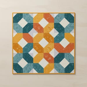 Puede incluir: Una colcha cuadrada con un patrón geométrico de octágonos y diamantes entrelazados. El diseño utiliza una paleta de colores azul verdoso, amarillo mostaza, naranja quemado y blanco, con una superficie de tela texturizada y un borde amarillo mostaza.