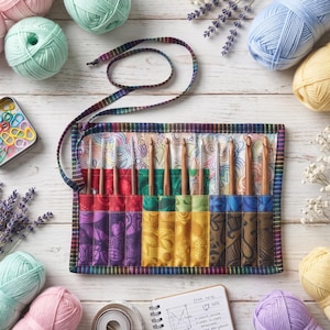 May include: A fabric roll-up case featuring a rainbow-striped border and colorful patterned sections, containing multiple wooden crochet hooks. The set is surrounded by various pastel yarn balls, a tin of colorful stitch markers, and a notebook.