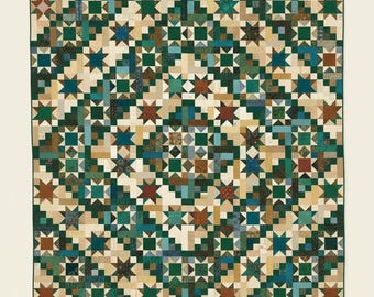 Scrappy zaagtand ster en blokhut quiltpatroon pdf, beginnersvriendelijk bed quiltpatroon, patchwork sterrenquilt, digitale download