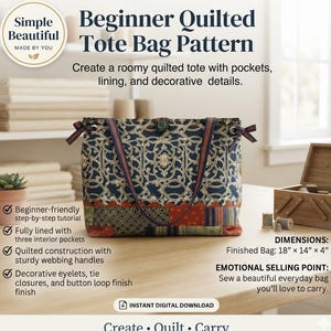 May include: A quilted tote bag pattern titled Beginner Quilted Tote Bag Pattern. The bag features a dark blue fabric with a gold scrollwork print, a patchwork base, webbing handles, and tie closures. Finished bag dimensions are 18 inches by 14 inches by 4 inches.