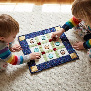 Könnte beinhalten: Ein handgefertigtes Tic-Tac-Toe-Spielbrett mit einem marineblauen Sternenrand und goldenen Eckakzenten. Das Spielbrett hat grüne und weiße Quadrate mit braunen und blauen Knöpfen. Zwei Kinder spielen das Spiel.