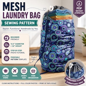 Peut inclure: Un patron de couture pour un sac à linge en filet avec fermeture à cordon. Le motif présente un tissu bleu avec des cercles, mesurant 34,3 cm de diamètre et 81,3 cm de hauteur. Inclut des instructions pour un projet adapté aux débutants.