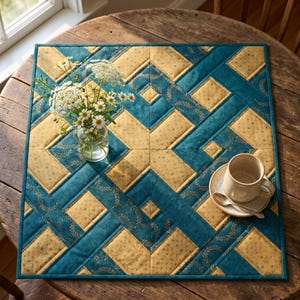 May include: A square quilted table topper featuring a geometric pattern in teal and tan. The teal fabric displays a subtle leaf print, while the tan sections have a speckled texture. A glass vase with white flowers and a ceramic mug sit on top.