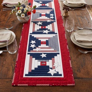 Padrão de colcha patriótica em PDF | Caminho de mesa com a bandeira americana, toalha de mesa estilo americano, padrão de colcha Courthouse Steps para iniciantes