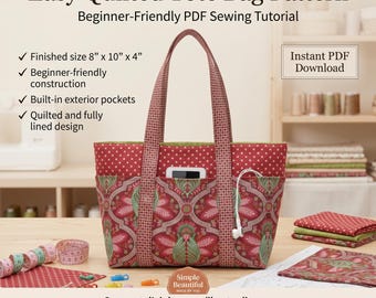 Beginner Friendly Tote Bag Pattern with Pockets, Shoulder Bag Pattern, DIY Quilted Handbag with Pockets, Digital Download Sewing