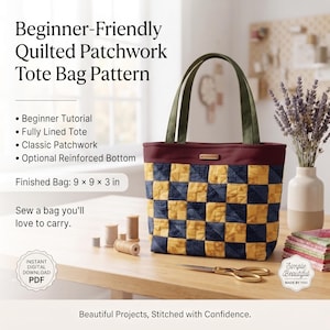 Triangle half squares Quilted Tote Bag Pattern, Beginner four-patches Bag Sewing Pattern Tutorial, Lazy Days Tote Bag (Digital Download)