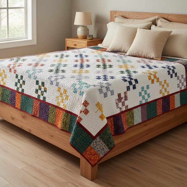 Op de afbeelding: Een witte quilt met een kleurrijk geometrisch patroon en een gestreepte rand. De quilt ligt op een houten bedframe met beige kussens. De quilt heeft vierkanten in geel, blauw, groen en paars.