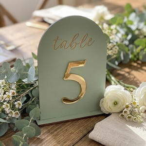 Números de mesa con arco verde salvia, letreros de boda 3D con espejo dorado, decoración de recepción bohemia, número de mesa personalizado, centro de mesa botánico