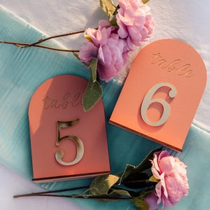 May include: Two peach-coloured table number signs with gold numbers 5 and 6. The word "table" is etched at the top of each sign. Pink flowers and a blue cloth are in the background. The signs are arched at the top.