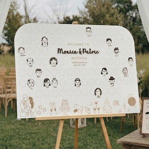 Può includere: Un cartello nuziale bianco su un cavalletto di legno con le parole "Welcome to Monica & Patric Wedding". Il cartello presenta volti illustrati e icone a tema matrimonio. Un cartello più piccolo dice "Draw your face".