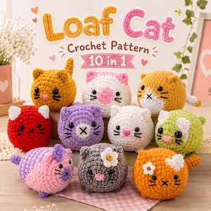 Loaf Cat Crochet Pattern Amigurumi Chenille Yarn Kawaii Cat Plush Bobble Stitch Beginner Easy Low Sew Cute Stuffed Animal Cat Lover Gift