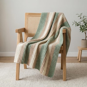 Crochet Blanket Pattern PDF, Beginner Crochet Blanket Pattern, Sage Green Ribbed Blanket Large Striped Afghan Pattern Easy Modern Boho Throw
