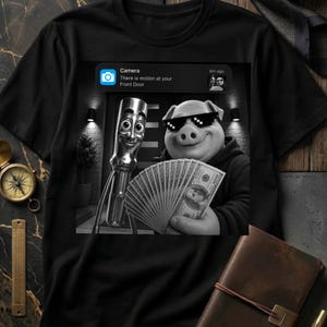Op de afbeelding: Een zwart t-shirt met een grafische print van een varken met een gepixelde zonnebril dat een waaier van honderd dollarbiljetten vasthoudt naast een glimlachende metalen schroevendraaier. Bovenaan staat een notificatiebanner met de tekst Camera There is motion at your Front Door.
