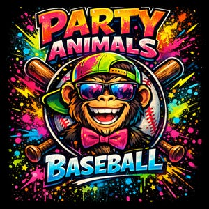 May include: A colorful graphic featuring a smiling monkey wearing sunglasses, a baseball cap, and a bow tie. The text "PARTY ANIMALS BASEBALL" is displayed above and below the monkey, with baseball bats and a baseball in the background. Splatter paint effect.