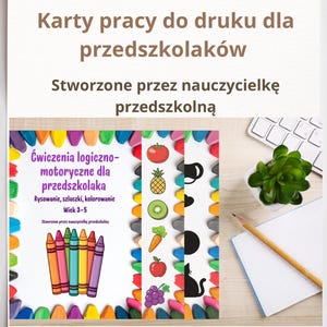 May include: A Polish educational worksheet for preschoolers. The image features colorful crayons, fruits, and a cat silhouette. Text includes "Worksheets to print for preschoolers" and "Created by a preschool teacher."