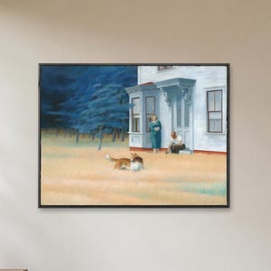 Puede incluir: Una impresión de arte mural rectangular enmarcada que representa una casa blanca con porche, una persona con vestido verde cerca de la entrada, otra sentada en los escalones y un perro marrón y blanco jugando en un campo de hierba seca.