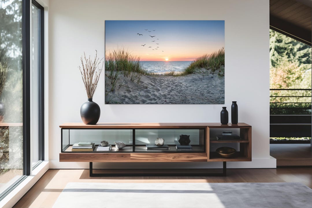 Sand Dunes on the Beach at Canvas Wall Art Sunset Birds Stunning ...