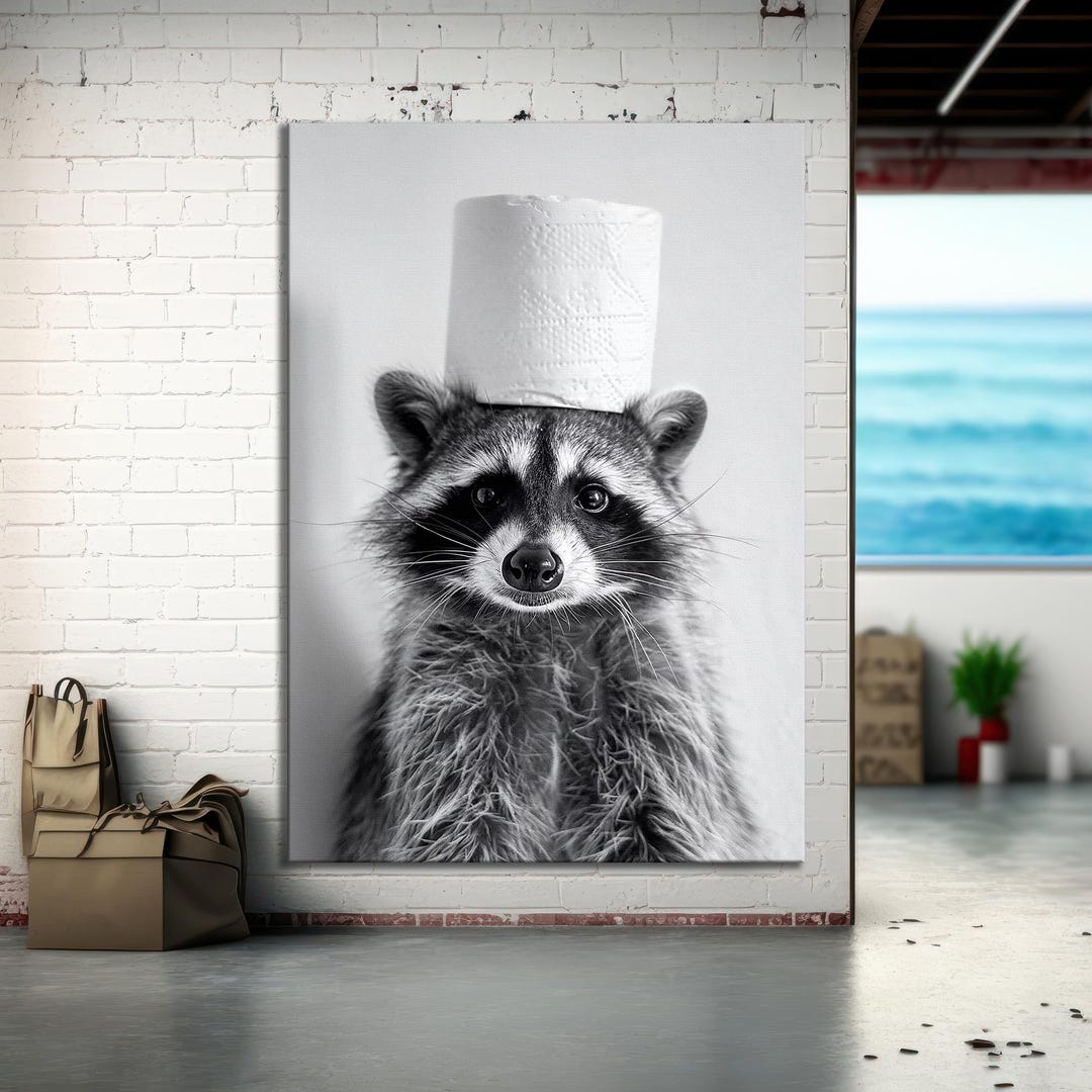Funny Raccoon With Toilet Paper Hat, Black and White Bathroom Wall Art ...