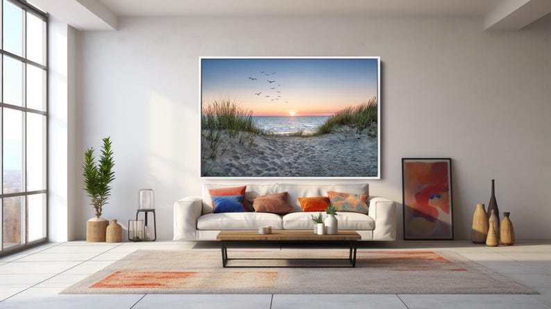 Sand Dunes on the Beach at Canvas Wall Art Sunset Birds Stunning ...