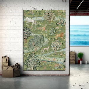 May include: A large tapestry depicting a pastoral scene with a white horse, lion, and dog in a green landscape. The artwork features trees, a stream, and various animals, creating a detailed and colorful scene.