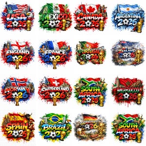 Puede incluir: Una colección de diseños coloridos con temática de fútbol, con banderas y texto de varios países, como Inglaterra, Francia y Portugal. Cada diseño incluye un balón de fútbol, un trofeo y el año 2026.