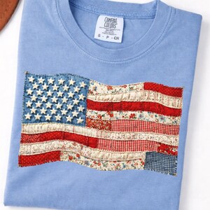 Faux Quilted American Flag PNG, Vintage Patchwork Patriotic Design, 4th of July Sublimation Graphic, Cottagecore USA Flag