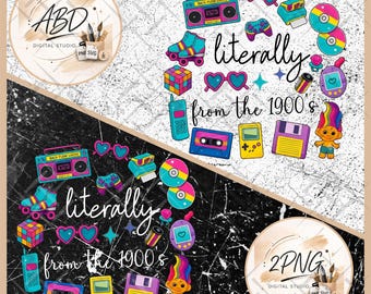 May include: A digital graphic design featuring the text "literally from the 1900's" surrounded by colourful 1990s icons including a boombox, roller skates, a Rubik's cube, heart sunglasses, a handheld game console, a floppy disk, and a troll doll.