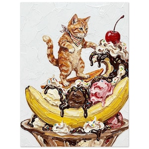May include: A whimsical painting depicts an orange tabby cat wearing a bandana, surfing on a banana split. The dessert features scoops of ice cream, chocolate sauce, whipped cream, sprinkles, and a cherry on top. The background is white.