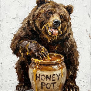 Può includere: Dipinto di un orso bruno con miele che gocciola dalla bocca e dalle zampe, che raggiunge un vasetto di miele. Il vasetto di miele reca la scritta "HONEY POT". Lo sfondo è bianco.