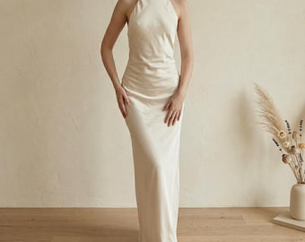 Civil Wedding Dress Satin Bridal Gown With Slit Minimalist Modern Bride Dress Custom Made Elegant Ceremony Dress