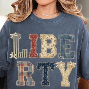 Liberty Patchwork Tee, Faux Embroidery Americana Shirt, Vintage 1776 Quilt Style Top