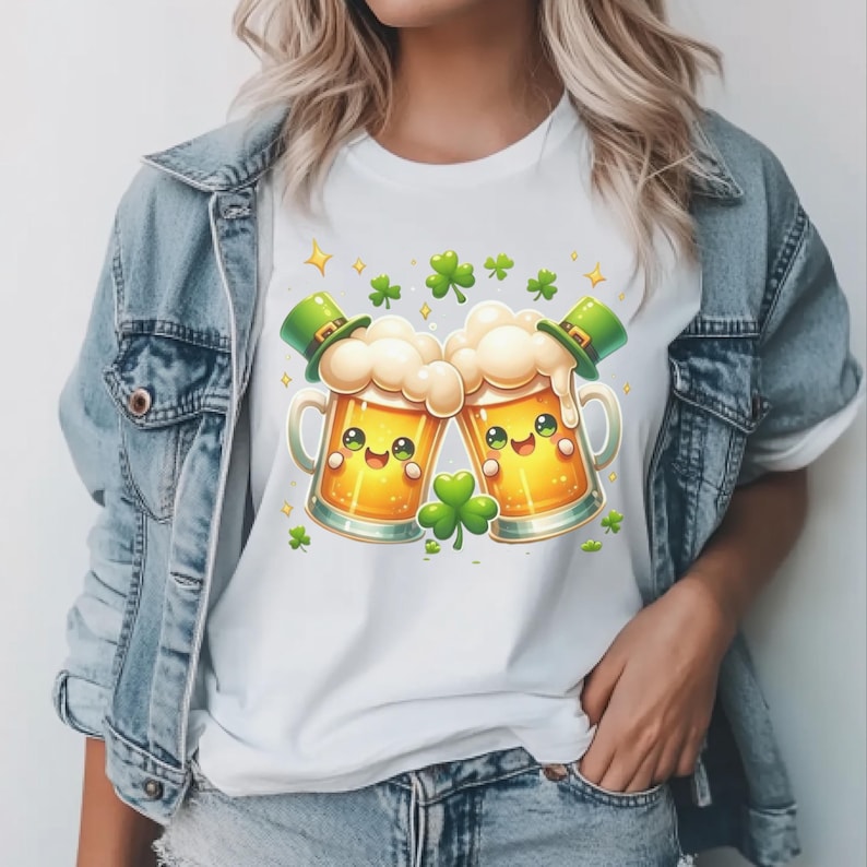 Peut inclure: T-shirt blanc avec un motif de dessin anim&eacute; de deux chopes de bi&egrave;re qui trinquent. Les chopes ont des visages souriants, de la mousse et portent des chapeaux de lutin verts. Des tr&egrave;fles verts et des &eacute;toiles dor&eacute;es sont dispers&eacute;s autour des chopes.