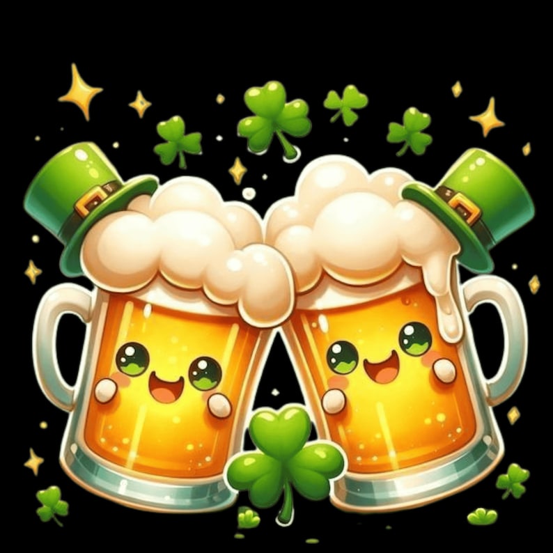 Peut inclure: Illustration de deux chopes de bi&egrave;re souriantes, coiff&eacute;es de chapeaux de lutin verts. Les chopes sont remplies de bi&egrave;re dor&eacute;e et surmont&eacute;es de mousse blanche. Des tr&egrave;fles verts et des &eacute;toiles dor&eacute;es sur fond noir &eacute;voquent la Saint-Patrick.
