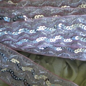 May include: Close-up of decorative trim featuring rows of silver sequins on a sheer, light pink fabric. The trim has a wavy design with delicate silver threads, creating a shimmering effect. The background is a soft green fabric.