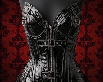 Corsetto in PVC nero lucido, bustier con fibbia gotica, top con cerniera sopra il seno, abbigliamento da discoteca