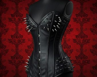 Black Spiked Leather Corset, Gothic Steel Boned Bustier, Punk Studded Waist Trainer, Festival Corset