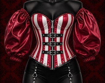Corsetto a righe stile bastoncino di zucchero, maniche a sbuffo, top burlesque da circo