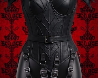Corsetto gotico in pelle con ali di pipistrello, top da costume da vampiro (ecopelle)