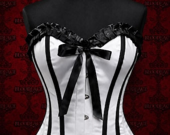 Corsetto overbust in raso a righe bianche e nere, bustier gotico con stecche in acciaio, corsetto vittoriano