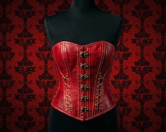 Corsetto sopra il seno in similpelle rossa, bustier steampunk con chiusura a rana gotica