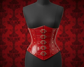 Corsetto sottoseno in PVC rosso verniciato, corsetto multi-fibbia, bustier gotico in vinile