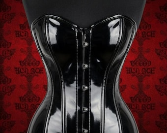 Corsetto sopra il seno in PVC nero lucido - Corsetto gotico con stecche in acciaio